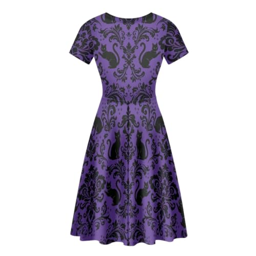 Image of POLERO Women Puffy Swing Elegant Party Midi Dresses Short Sleeve Round Neck A-Line Dress