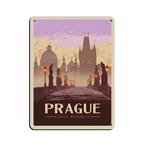 Poster rétro Prague République Tchèque vintage en métal - Plaque en étain chic - Art rétro - Peinture en fer - Bar - Grotte - Café, Famille - Garage - Décoration murale - 20 x 30 cm Cover