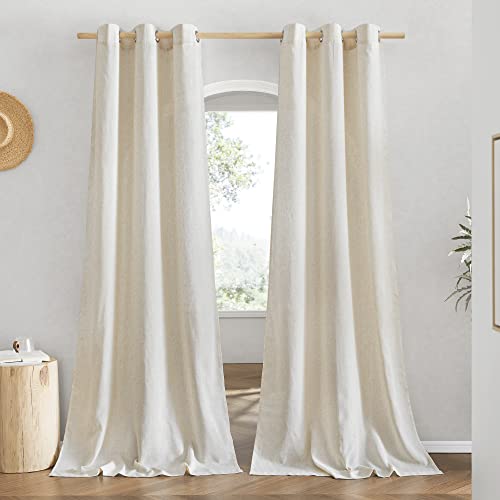 NICETOWN Linen Curtains for Windows 90 inch Long, Grommet Semi Sheer Vertical Drapes Privacy Added with Light Filtering for Doorway/Living Room, Natur