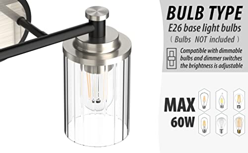 Image of Bathroom Lighting Fixtures Black and Brushed Nickel Bathroom Vanity Light with Cylindrical Clear Stripes Glass Lampshade E26 Socket Base Bathroom Lighting Fixtures Over Mirror (2 Lights)