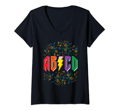 Femme ABCD Alphabet amusant Rockin Back to School Teacher Student T-Shirt avec Col en V
