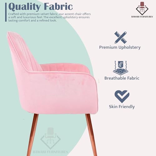 Image of Plush Dining Chair | Accent Chair for Living Room Bedroom Restuarant | Velvet Fabric & Thick Cushion Seat with Sturdy Glossy Metal Legs (Bronze Legs, Baby Pink)