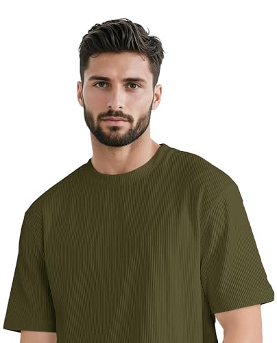 Image of GRECIILOOKS Men's Polycotton Textured Drop Shoulder Oversized Fit T-Shirt
