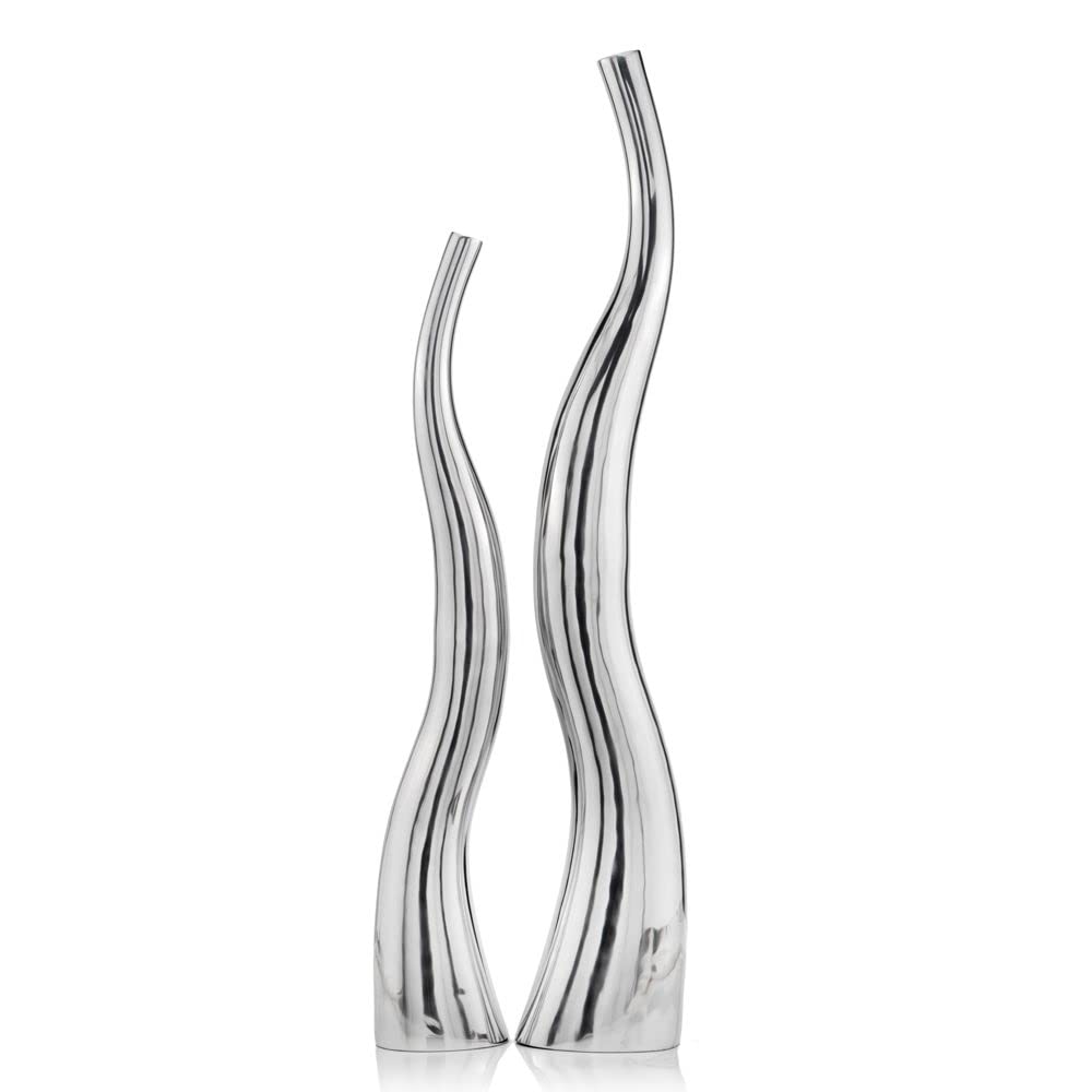 Modern Day Accents 8790 Curva XL Tall Wiggly Vases Set of 2, Silver, Aluminum, Contemporary, Modern, Popular, Glam, Floor Standing, Large 9"L, 5.5"W, 48.5"H, Small Vase: 7?L x 4.5?W x 40"H House Decor