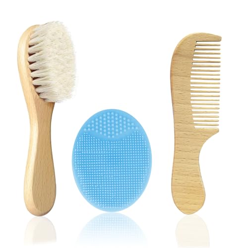 Molylove Baby Hair Brush with Wooden Handle and Comb Set for Newborns & Toddlers | Natural Soft Goat Bristles l Wood Comb l Blue Silicone Brush| Ideal for Cradle Cap (3 Piece)