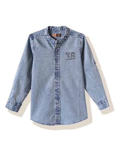 Image of Amazon Brand - Symbol Boys 100% Cotton Regular /Mandarin Collar Denim Shirt | Full Sleeves | Regular Fit | Age 2-14 Years