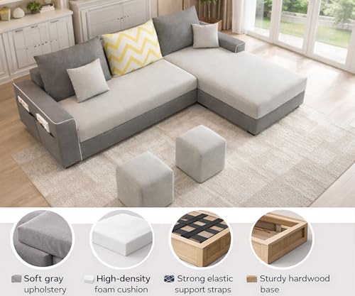 Image of Casaliving Afie RHS 4 Seater L-Shape Sofa Set with 2 Puffy for Living Room (Grey & Dark Grey Colour) Premium Fabric Sofa Set