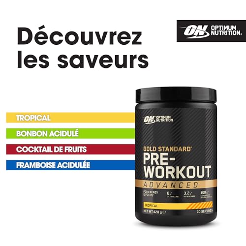 Optimum Nutrition Gold Standard Advanced Pre Workout en poudre, Booster d'énergie avec l-Citrulline, Beta-alanine, Caféine et Vitamines B12 et B6, Goût Tropical, 20 Portions, 420 g – Image 6