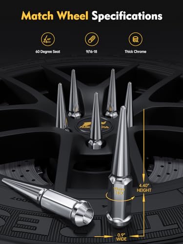 Image of MIKKUPPA 9 /16-18 Spike Lug Nuts, Replacement for 2002-2010 Dodge Ram 1500, 2000-2011 Ram 2500 3500, 2004-2009 Durango Aftermarket Wheel, 4.4 inch Tall Chrome 32PCS Solid Spiked Lug Nuts with Socket Key