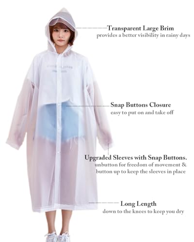 Rain Ponchos for Adults, Reusable Raincoat Rain Jacket with Adjustable Sleeves and Wide Brimmed Hood2