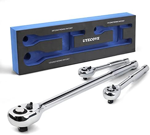 UYECOVE Long Ratchet Wrench Set, 1/4", 3/8", 1/2" Drive Long Handle Ratchet 3pcs Set, 72-Tooth Reversible Quick-Release, CR Steel and CR-MO Head, with EVA Storage Tray