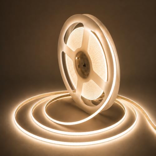 3mm Ultra Thin COB LED Strip Lights 16.4ft, DC12V 400LEDs/m Dotless LED Tape Light, CRI90+ 5W/m Flexible Cuttable Strip for Bedroom Kitchen Cabinet DIY Lighting (No Power Supply) (4000K/Neutral White)