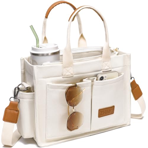 ZHMO Canvas Tote Bag for Women With Compartments and Zipper,White Women's Bags Crossbody Bags Work Laptop Tote Bag Large Satchels Handbag Tote Purse Everyday Shoulder Bag for Travel Nurse Teacher Gift