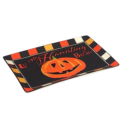 Spooky Halloween Rectangular Platter – 14" x 10" Ceramic Jack-O'-Lantern Tray with 'Let the Haunting Begin' Message – Halloween Party Serveware for Treats, Appetizers & Festive Displays
