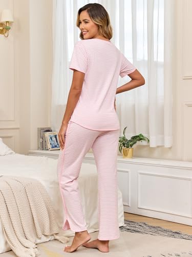 Donnalla Women's Pajama Sets Cotton 2 Piece Lounge Set Stripe Short Sleeve Pj Set Comfy Loungewear Sleepwear with Pocket3