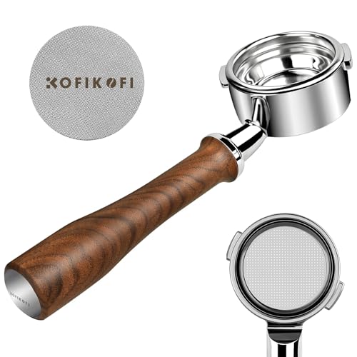 KOFIKOFI 58mm Bottomless Portafilter For Gaggia Classic Pro, Gaggia Classic Evo Pro, Gaggia Carezza, Gaggia Cubika Plus, 2-Ears Genuine American Walnut Naked Portafilter Included 18g Filter Basket