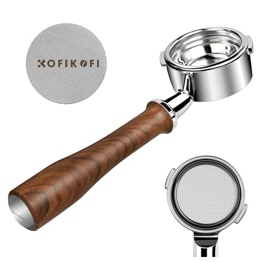 KOFIKOFI 58mm Bodenloser Siebträger, 2 Ohren Bottomless Portafilter kompatibel mit Gaggia Classic Espressomaschine mit 304 Edelstahl-Filterkorb, Pucksieb, Griff aus Walnussholz
