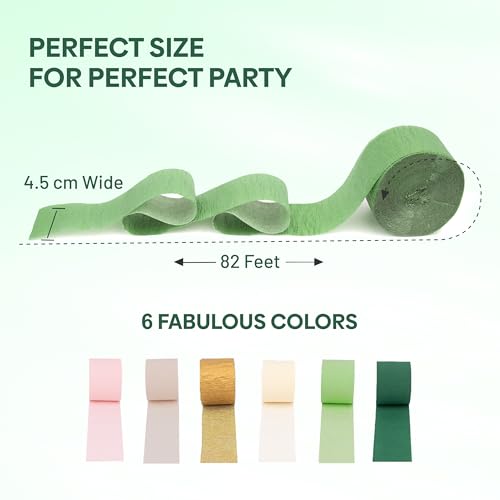 Image of 6 Sage Green Streamers, 492ft Pack of Crepe Paper Party Decorations | Each roll is 82 ft long and 1.8 Inch wide ideal for Birthday Party Decor, Wedding Decorations and Anniversary Celebration