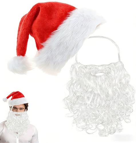 Gorbgle Santa Hat and Beard for Adult 2Pcs Santa Costume Accessories Set for Men Women Christmas Costume Cosplay Fancy Dress Props Outfit Mask Accessories