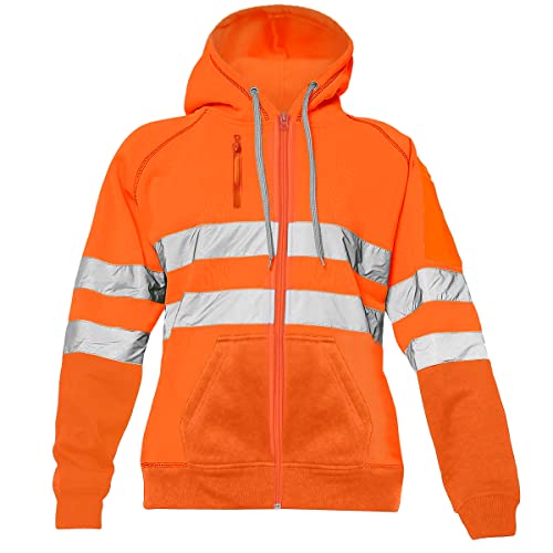 trending babz Mens Hi Viz Vis Reflective Zipper Patched Fleece 3 Zip Up Pockets Sweatshirt Work Wear Hoodie Top Jacket Orange