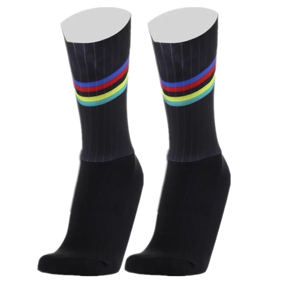 BULBEAWICK 2 Pairs Silicone Cool Cycling Socks Summer Breathable Non-slip Pro Competition Aero Sports Bike Running Socks(Black four-color stripes)