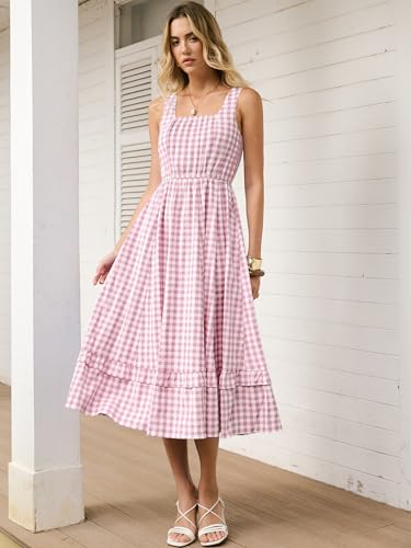 Caracilia Womens Summer Casual Gingham Plaid Midi Dress Sleeveless Square Neck Flowy Beach Vacation Sundress with Pockets Pink White Plaid XX-Large — view 4