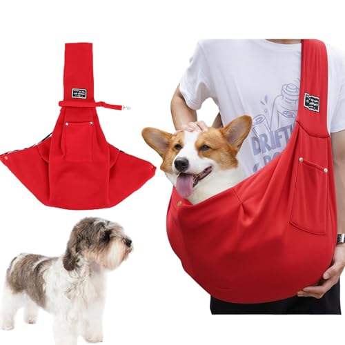 Lifetips プチ・バセット・グリフォン・バンデーン ペットスリング 犬猫兼用 ショルダーキャリー 軽量 通気 洗える 調節可能 クッション付き 収納ポケット 斜め掛け アウトドア 11色展開 小型犬 中型犬 ペット用キャリーバッグ (レッド)