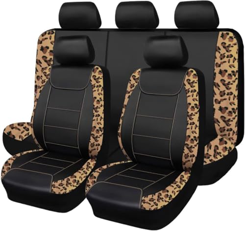 Flying Banner car seat Covers Protects Leopard Printing Velvet Faux Leather Carbon Fiber Front and Rear Bench (Leopard Brown Black Full Set - 8PCS)