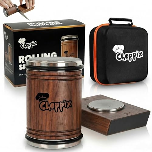 Choppix Rolling Knife Sharpener Walnut Wood Kit with Carry Bag | Detachable Magnetic Base #400 Grit Sharpening Stone 15 & 20 Angle Guides Diamond & Ceramic Honing Discs for Razor-Sharp Edges