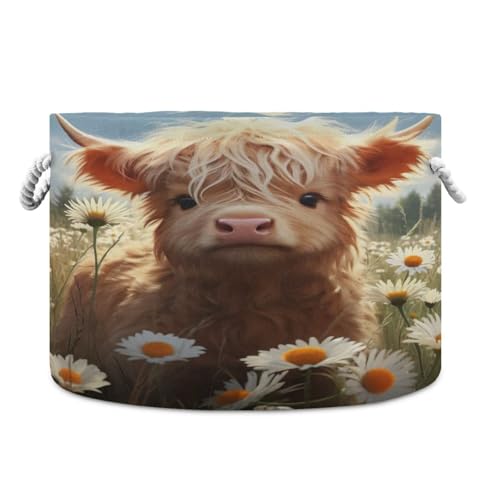 Round Cute Baby Highland Cow Yak Long Horns Daisy Storage Basket Large Organizer Bin Laundry Hamper Toy Storage Basket with Handle for Nursery Clothes Toys 202b4830