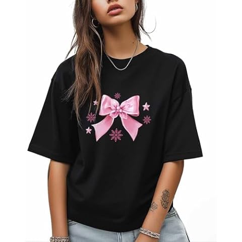 SELINGY Y2K Bow Womens T Shirts Graphic Tees for Women Teen Girls Girly Christmas Trendy Crew Neck Oversized Short Sleeve Casual Tops(Pink, 3XL) Cover
