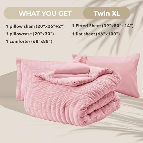 Image of HYMOKEGE Pink Twin XL Comforter Set Seersucker 5 Pieces, All Season Luxury Bed in a Bag for Bedroom, Bedding Set with Comforter, Sheets, Pillowcase & Sham