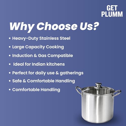 Image of Get Plumm Stainless Steel Stock Pot 7.6 Litre | 32.5x24x21 | Handi /Biryani Pot | Induction Bottom | Cook and Serve Pot | Casserole | Cooking Pot | 100% Toxin Free | Silver