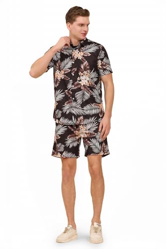 ENCIGER Mens Printed Casual Shirts and Shorts Set Button Down Co-ord Set (MSS1_Black_S)