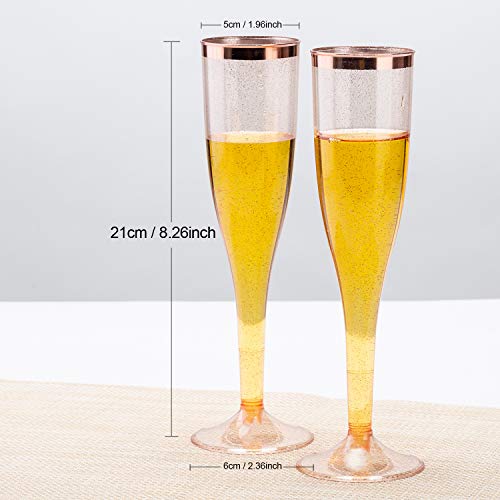 Lomofi Rose Gold Glitter Plastic Champagne Flutes With Rose Gold Rimmed - 5.5Oz 30 Pack | Disposable Cups Wedding Holiday Toasting Wine Glasses - Party Cocktail Cups #TOP2