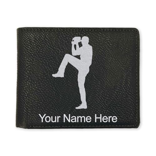 LaserGram Faux Leather Bi-Fold Wallet, Baseball Pitcher, Personalized Engraving Included (Black with Silver)