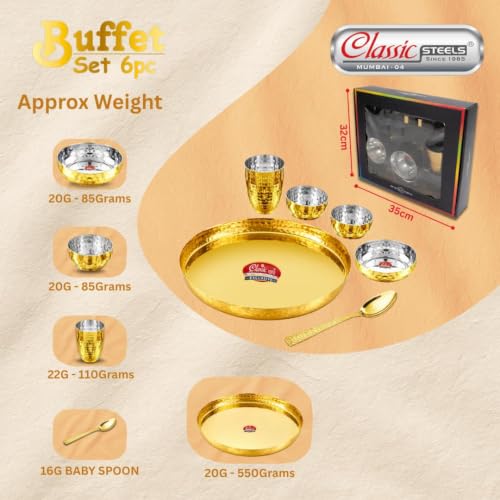 Image of Classic Steels Buffet Gold Hammered Stainless Steel Dinner Set (36 Pieces) Thali Set with 6 Dinner Plates, 12 Bowls, 6 Side Plates, 6 Glasses & 6 Spoons Food-Grade Tableware for Home Use & Gifting