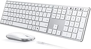 Wireless Bluetooth Keyboard and Mouse Combo (USB + Dual BT), seenda Multi-Device Rechargeable Slim Keyboard and Mouse, Compatible for Win 7/8/10, MacBook Pro/Air, iPad, Tablet - White Silver
