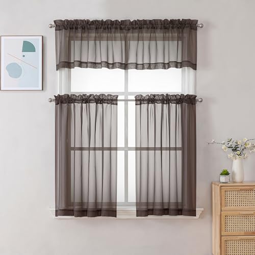Image of Chyhomenyc Sheer Chocolate Brown Tier Curtains 24 Inch Length, Small Window Curtains Treatment for Bathroom Living Room Basement, Short Rod Pocket Cafe Curtain, 42W x 24L Inches, 2 Panels