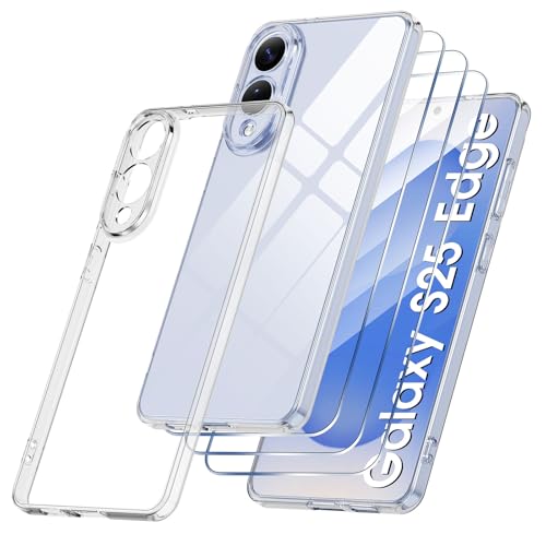 Qlfemna Handyhülle für Samsung Galaxy S25 Edge Hülle mit 3 Stück Schutzfolie, Galaxy S25 Edge Schutzhülle - Ultra Dünn Weiche TPU Silikon Samsung S25 Edge Hüllen Stoßfest Bumper Case Transparent