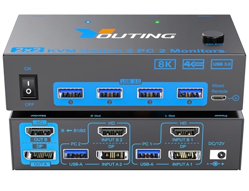 KCEVE 8K KVM Switch 2 Monitors 2 Computers HDMI DP, USB 3.0 KVM Switch Dual Monitor 4K@144Hz 8K@60Hz for 2 Computer Share Keyboard Mouse, with Power Adapter and Wired Remote