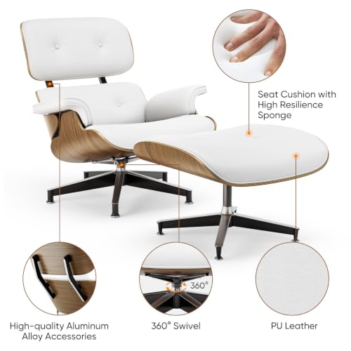 Image of Top White PU Leather, Mid Century Chaise Lounge Chair and Ottoman, Modern Chair Classic Design, Walnut Wood, Heavy Duty Base Support for Living Room Office
