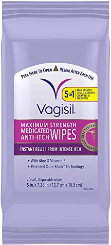 VAGISIL Anti-Itch Medicated Feminine Wipes, Max Strength, 20 Wipes (1 Pack)