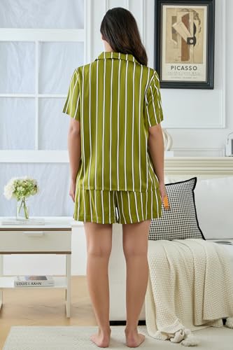Image of YiNi LuLu Womens Silk Satin Shorts Pajamas Set Button Down 2 Piece Pjs Short Sleeve Oversized Sleepwear with Pockets