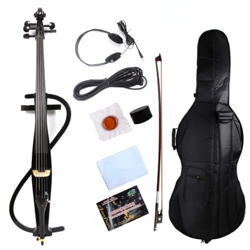 WUQIMUSC Electric cello 4/4 full size Silent Cello kit Handmade Solid wood Ebony Fittings with Bag, Bow, Aux Cable, Earphone (Style-02,Black-5 String)
