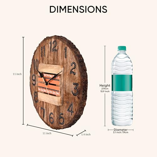 Image of AAKRITI ART CREATIONS Wall Clock Handcrafted Wooden Log Dial Natural Brown | Wall Clock for Home, Home Decoration | Warli Art Wall Hanging, Lightweight Mango Wood wall Decor | Matte Finish Wooden