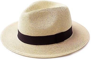 Joywant Abby Straw Sun Hat for Women with UV Protection Wide Brim Wind Lanyard,Travel Foldable Summer Beach Hat Panama Fedora-Beige
