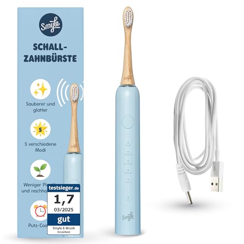 Smyle Schallzahnbürste mit Sensor – 3 Monate Akkulaufzeit, intelligenter Timer, 5 Putzmodi und wasserdicht (Blau) – Elektrische Zahnbürste – leise, sanft und mit lebenslanger Garantie