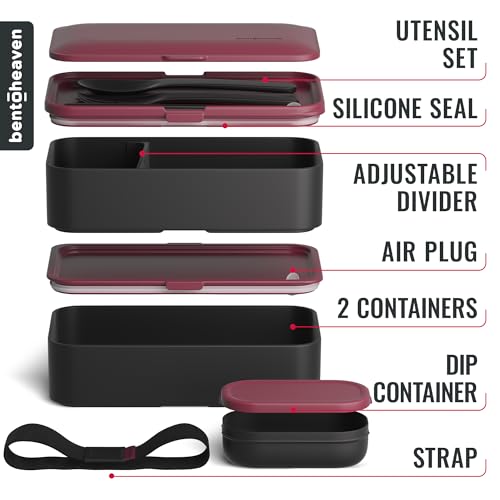 Bentoheaven Premium Bento Box Adult Lunch Box with Compartments for Women & Men, Set of Utensil & Chopsticks & Dip Container, Cute Japanese Kids Bento Lunch Box, Microwavable (Very Berry)