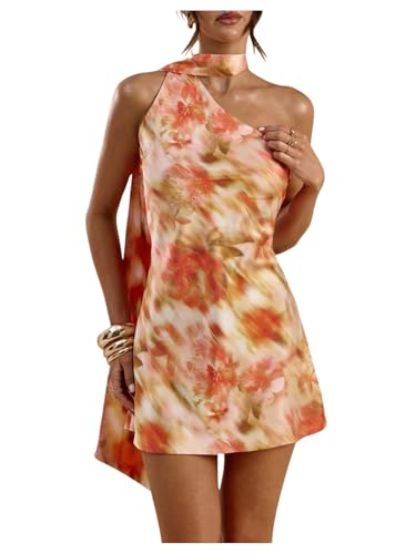 Floerns Womens One Shoulder Floral Boho Mini Dress Draped Open Back Beach Dresses with Scarf Orange Medium